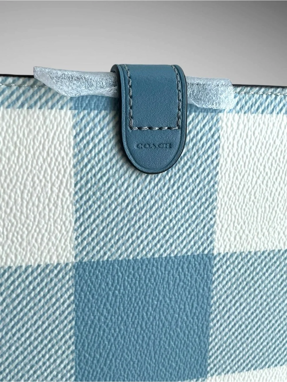 Coach Gingham Print Notebook Journal Blue White Plaid Snap Closure NWT